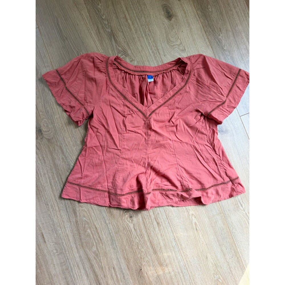 Old Navy Women's Pink Solid V-Neck Short Sleeve Lace Woven Cotton Blouse S